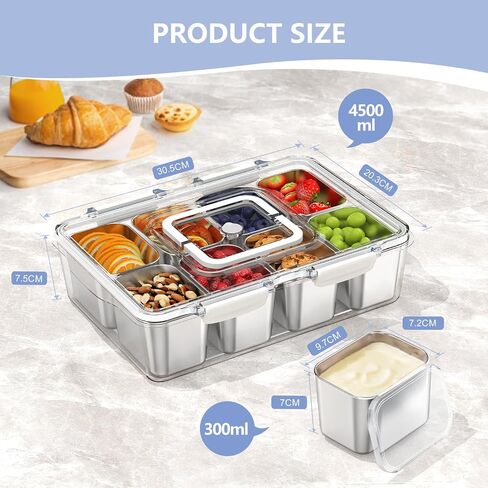 Snackle Box Container with 8 Removable Stainless Steel Containers – Clear Divided Serving Snack Tray with Lid & Handle – Leak-Proof for Wet/Dry Food – Perfect for Parties, Travel, Office in Saudi Arabia