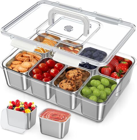 Snackle Box Container with 8 Removable Stainless Steel Containers – Clear Divided Serving Snack Tray with Lid & Handle – Leak-Proof for Wet/Dry Food – Perfect for Parties, Travel, Office in Saudi Arabia