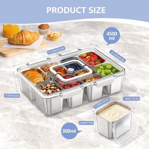 Snackle Box Container with 8 Removable Stainless Steel Containers – Clear Divided Serving Snack Tray with Lid & Handle – Leak-Proof for Wet/Dry Food – Perfect for Parties, Travel, Office in Saudi Arabia