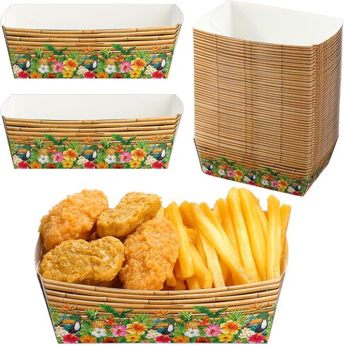 Blulu 50 Packs Hawaiian Party Decoration Tiki Disposable Paper Food Tray Aloha Nacho Tray Luau Paper Food Holder Boat Tropical Paperboard Palm Leaf for Summer Beach Pool Party(Bamboo) in Saudi Arabia