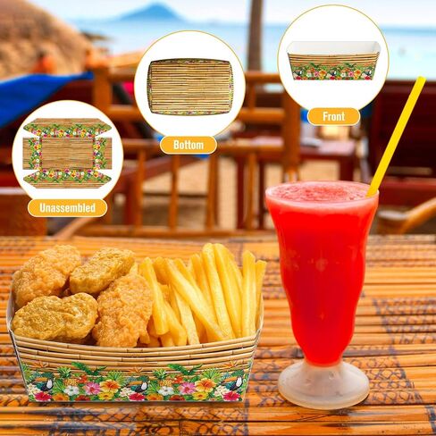 Blulu 50 Packs Hawaiian Party Decoration Tiki Disposable Paper Food Tray Aloha Nacho Tray Luau Paper Food Holder Boat Tropical Paperboard Palm Leaf for Summer Beach Pool Party(Bamboo) in Saudi Arabia