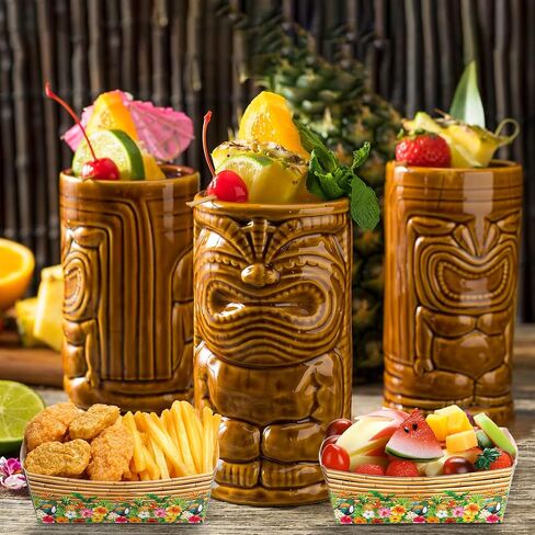 Blulu 50 Packs Hawaiian Party Decoration Tiki Disposable Paper Food Tray Aloha Nacho Tray Luau Paper Food Holder Boat Tropical Paperboard Palm Leaf for Summer Beach Pool Party(Bamboo) in Saudi Arabia
