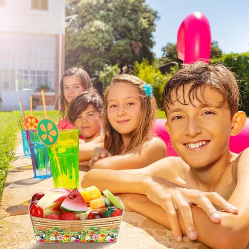 Blulu 50 Packs Hawaiian Party Decoration Tiki Disposable Paper Food Tray Aloha Nacho Tray Luau Paper Food Holder Boat Tropical Paperboard Palm Leaf for Summer Beach Pool Party(Bamboo) in Saudi Arabia