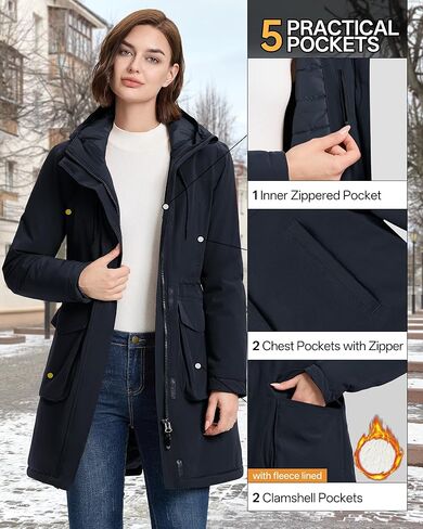 معاطف شتوية نسائية بطول 33,000 قدم، سترات شتوية طويلة مقاومة للماء مع غطاء للرأس، سترة منتفخة دافئة مقاومة للرياح، معطف تزلج معزول in Kuwait