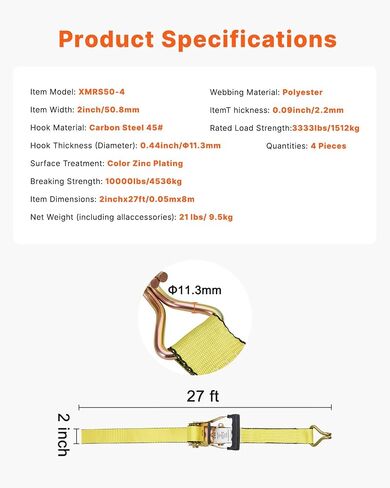vevor ratchet ربط الأشرطة (4 حزم) ، قوة كسر 10000 رطل ، وسنانير J المزدوجة الثقيلة ، 2 "× 27 ' in Saudi Arabia