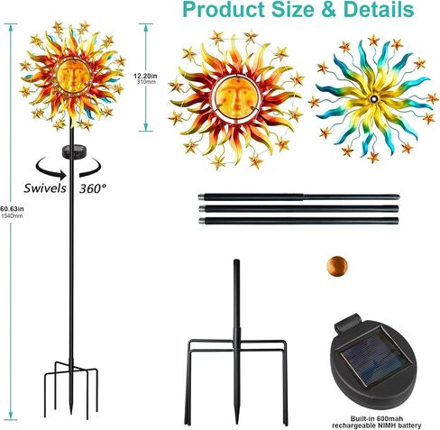 Soalr Wind Spinners -Mandala Wind Sculptures & Spinners Garden Kinetic Art with Solar Powered Multi-Color Glass Ball Light for Yard Garden Backyard Lawn Decorations - Yellow in Saudi Arabia