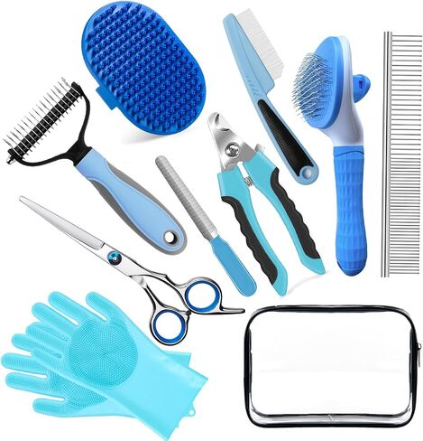 Dog Brush for Shedding 13pcs Bath Grooming Kit with Pet Nail Clipper and File - Dog Bath Brush Cat Grooming Supplies, Dematting Comb Bath Brush Shampoo Scrubber for Dogs and Cats in Kuwait