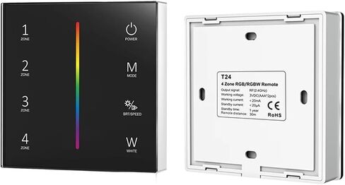 Smart T24 86 Wall Mounted 2.4GRF 4Zone RGB/RGBW Glass Panel Touch Remote Control Dimming Controller for LED Strips/COB(T24-B and V4 RGBW) in Saudi Arabia