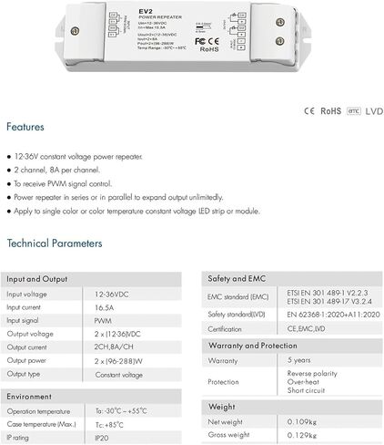 DC12-36V 2-Way Constant Voltage Power Extender 2CH*8A LED Light Strip Controller is Suitable for Single Color/Color in Saudi Arabia