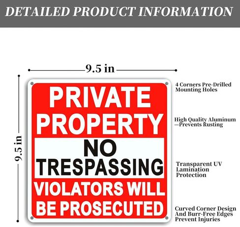 4 حزمة كبيرة لا توجد علامات على ممتلكات ممتلكات خاصة ، 9.5 بوصة × 9.5 بوصة علامة معدنية خاصة ، الألومنيوم المقاوم للصدأ ، مع مادة عاكسة ، متينة ، مقاومة للطقس ، سهلة التثبيت in Kuwait