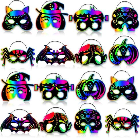 Natonhi 32Pcs Halloween Crafts for Kids Rainbow Scratch Mask, Halloween Games Scratch Art and Craft Kit Classroom Activities Favors Party Supplies in Kuwait