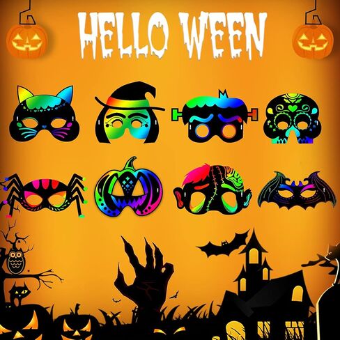 Natonhi 32Pcs Halloween Crafts for Kids Rainbow Scratch Mask, Halloween Games Scratch Art and Craft Kit Classroom Activities Favors Party Supplies in Kuwait