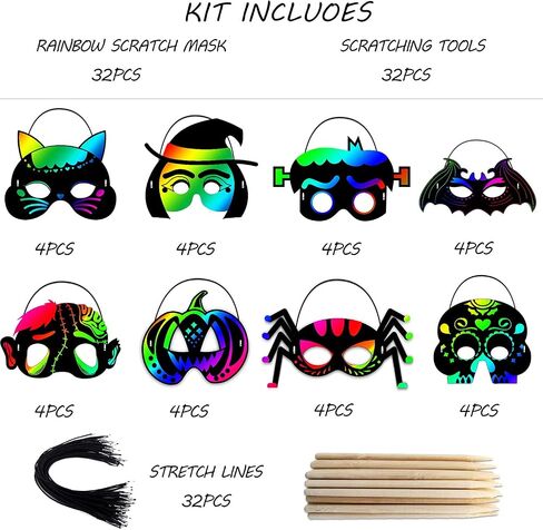 Natonhi 32Pcs Halloween Crafts for Kids Rainbow Scratch Mask, Halloween Games Scratch Art and Craft Kit Classroom Activities Favors Party Supplies in Kuwait