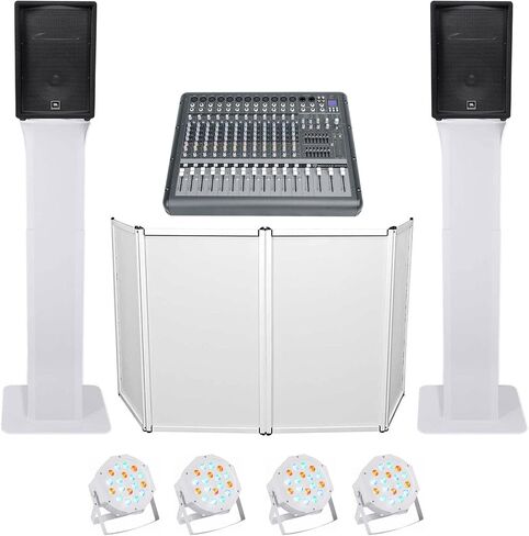 Audiosavings Bundle: (2) JBL JRX212 Wedge Monitor Bundle with (2) Rockville RTP32W Light Stand,(1) RPM1470 14 Channel Powered Mixer,(4) RockPAR50 Wash Light,(1) RFAAW DJ Event Facade (10 Items) in Saudi Arabia