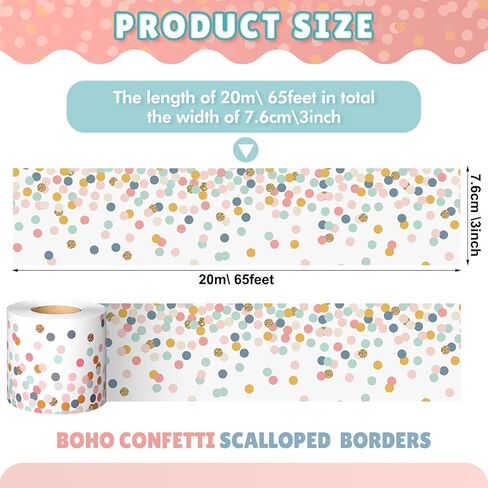 Zonon 65 قدم Border Bulletin Bulletin Border for Classroom Pastel Dot Confetti Scalloped Strawlopled Trim Trim Cut للعودة إلى دراس المدرسة. in Saudi Arabia
