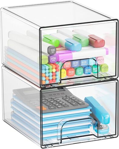 Yieach 2 Pack Stackable Storage Drawers,4.4" Tall Makeup Organizer Countertop,Clear Acrylic Storage Containers Bins for Baby Bottle,Medicine,Craft Pen or Vanity,Bathroom,Cabinet,Undersink Organization in Saudi Arabia