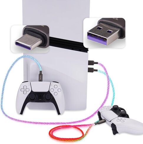كابل شحن مضيء من PlayVital بطول 6.56 قدم لوحدة تحكم ps5، سلك شحن USB من النوع C للوحة الألعاب، سلك بيانات LED عالمي مضيء لجهاز Xbox Core/Elite Series 2 / وحدة تحكم Switch Pro in Kuwait