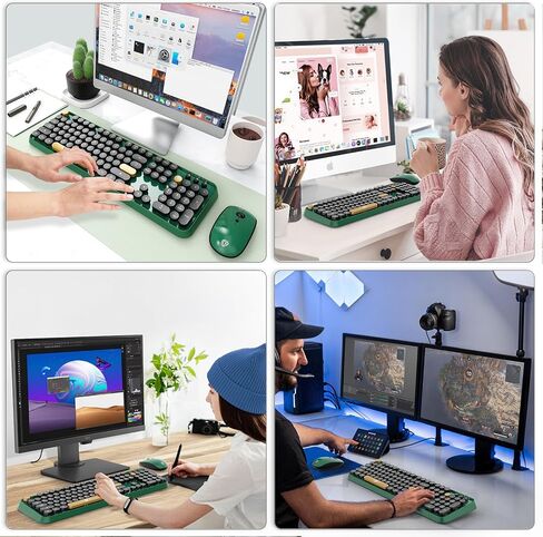 FOPETT Wireless Keyboard and Mouse Combo, 104 Keys Full-Sized 2.4 GHz Dropout-Free Connection, Round Keycap Colorful Keyboards for PC, Mac, Windows, Laptop, Desktop - Grey Green in Saudi Arabia