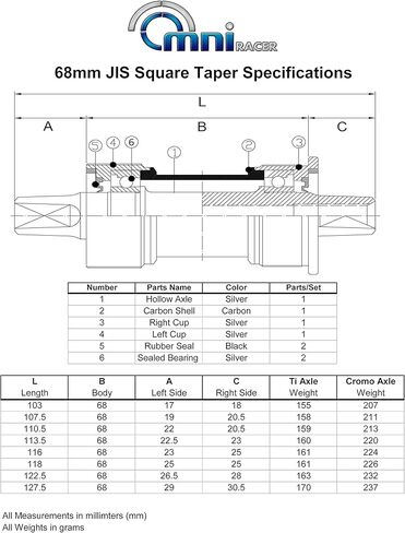 OMNI Racer Worlds LIGHTEST Titanium JIS Square Taper Bottom Bracket: English 68mm- Lengths: 103-127mm in Kuwait