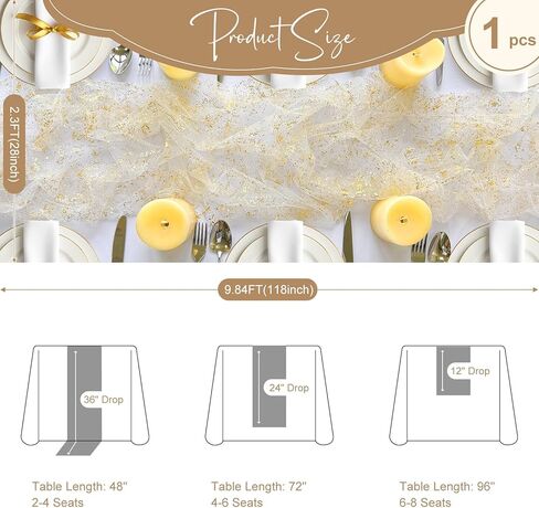 Aerwo 10ft عداء الطاولة الذهبية ، Gold Foil Glitter Arecin requin Table Runners 120 Inghes ، Decortings Concerpiece Table Decorations for Party Form in Kuwait