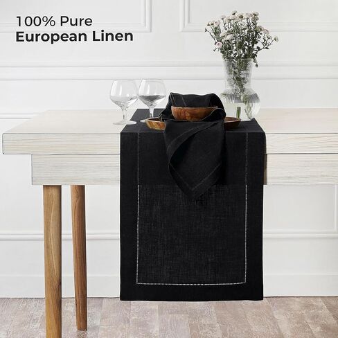 D'Moksha Homes Linen Navy Blue Table Runner 144 Inches Long - 100% Pure Linen Extra Long Table Runner 14 x 144 Inch for Summer, Fall and Halloween - Classic Hemstitch in Kuwait