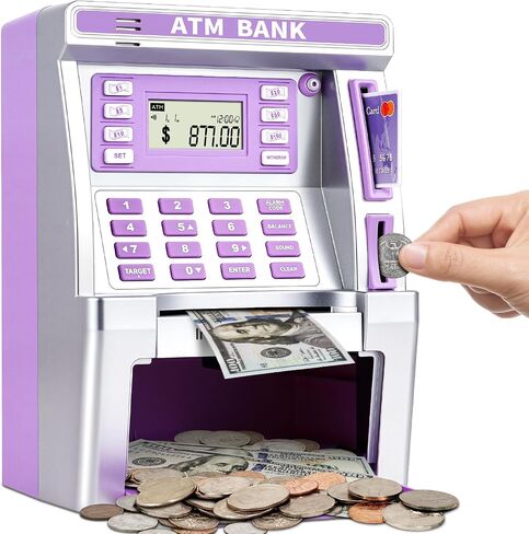Blue Piggy Bank for Kids ، ATM Machine Bank للحصول على أموال حقيقية مع بطاقة الخصم ، فرن الفواتير ، التعرف على العملة ، حاسبة الرصيد ، مربع آمن التوفير الإلكتروني ، الهدايا لفتاة Teen Boy in Kuwait