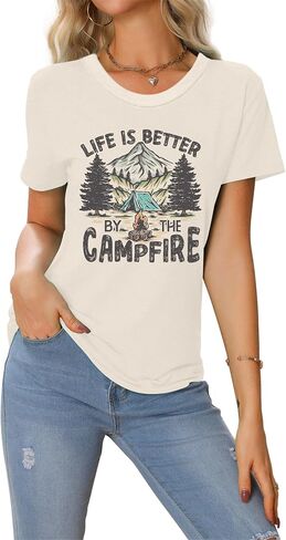 Camping Shirt Women Life is Better by The Campfire T-Shirt Funny Camper Camp Lover Casual Graphic Tee Top Crewneck in Saudi Arabia