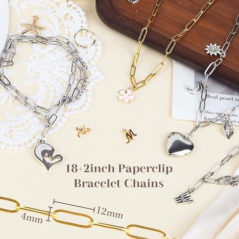 Wisreach 10PCS 18K Gold Plated Paperclip Chain Bracelets Kit – 6.3 Inch Adjustable Stainless Steel DIY Charm Bracelet Making Set with Lobster Clasps (Gold & Silver) in Saudi Arabia