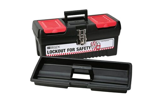 Brady Polypropylene Lockout Toolbox, Legend "Lockout For Safety", Medium, 7.8" Height, 16.2" Width, 7.3" Depth, Black - 105906 in Saudi Arabia