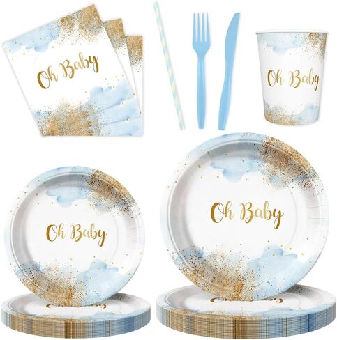 194 PCS Confluctions Decorations Pink and Blue Paper Plate Cups and Falkins مجموعات هو أو SHE Baby Gender تكشف عن موازم الحفلات التي يمكن التخلص منها مع مائدة المائدة يقدم 24 ضيفًا in Kuwait
