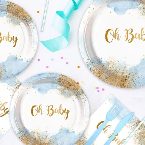 194 PCS Confluctions Decorations Pink and Blue Paper Plate Cups and Falkins مجموعات هو أو SHE Baby Gender تكشف عن موازم الحفلات التي يمكن التخلص منها مع مائدة المائدة يقدم 24 ضيفًا in Kuwait