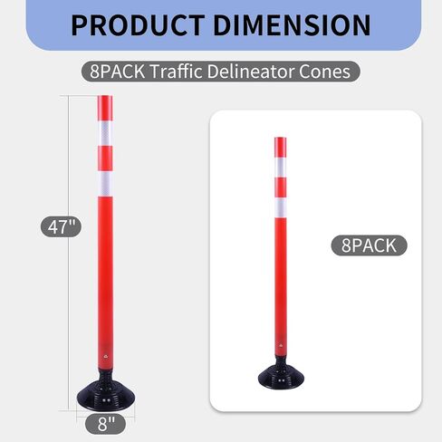 BESEA 8 Pcs 47INCH Traffic Delineator Post Cones with Rubber Base & Highly Reflective Collars,Traffic Safety Delineator Cones for Parking Lot, Driveway, Roadway（Permanent Installation） in Kuwait
