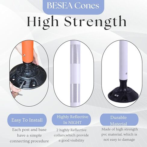 BESEA 8 Pcs 47INCH Traffic Delineator Post Cones with Rubber Base & Highly Reflective Collars,Traffic Safety Delineator Cones for Parking Lot, Driveway, Roadway（Permanent Installation） in Kuwait