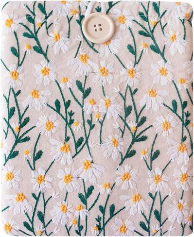 Embroidered Fabric Sleeve for Kindle Oasis, iPad Mini, Kobo Libra 2, Boox Leaf Z – Padded Carrying Case for Small Tablets & E-Readers, Handcrafted Character - White & Beige Daisy in Saudi Arabia