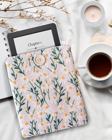 Embroidered Fabric Sleeve for Kindle Oasis, iPad Mini, Kobo Libra 2, Boox Leaf Z – Padded Carrying Case for Small Tablets & E-Readers, Handcrafted Character - White & Beige Daisy in Saudi Arabia