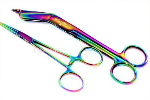 German Stainless Nurses Doctor Lister Bandage Scissors 7.25" + HEMOSTAT Forceps Straight Multi Color Rainbow Color Stainless Steel -A+Quality Guaranteed Money Back (Set of 2) in Saudi Arabia