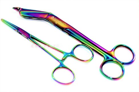 German Stainless Nurses Doctor Lister Bandage Scissors 7.25" + HEMOSTAT Forceps Straight Multi Color Rainbow Color Stainless Steel -A+Quality Guaranteed Money Back (Set of 2) in Saudi Arabia