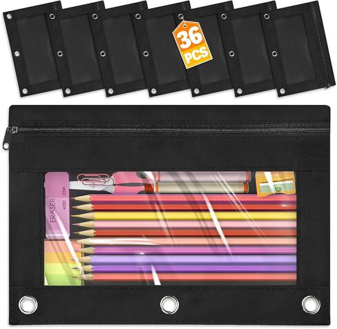 Pencil Pouch for 3 Ring Binder, 36 Packs Zipper Pencil Pouch Bulk in 6 Colors, Pencil Case for Binder with Clear Window for School, Home and Office in Saudi Arabia