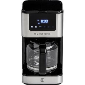 West Bend Drip Coffee Maker Brews Hot or Iced, Programmable with Brew Strength Selector Auto Shut-Off and 6 Functions Permanent Mesh Filter and Glass Carafe, 12-Cup, Metallic,Silver
