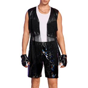 OYOANGLE Men's Open Front Fringe Trim Vest Jacket PU Leather Asymmetrical Outwear Jacket in Saudi Arabia