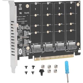 Hilitand M.2 NVME SSD to PCIE X16 Adapter, 4x32Gbps M.2 NVME (m Key) SSD to PCIe 3.0 x 4 Port Host Controller Expansion Card with Individual LED Indicator