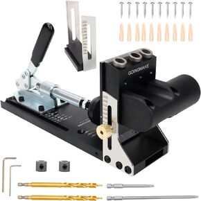 All Metal Pocket Hole Jig Kit with Quick Clamp and Dust Collection Easy Use 3 Holes Pocket Hole Screw Jig System 3/8 Inch Accurate Adjustable Drill Guide with Accessories Woodworking Tool