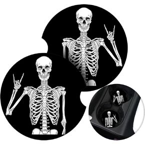 2Pcs Car Coasters for Cup Holders - Ceramic Skull Absorbent Stone Car Coasters Pack Ceramic Coasters for Drinks with Holder - Automotive Cup Holder Coasters for Your Car with Cork Back Finger Notch