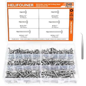 240 Pieces #10 x1/2", 5/8", 3/4", 1", 1-1/4", 1-1/2" Hex Washer Head Self Drilling Screws Sheet Metal Screws Assortment Kit, 410 Stainless Steel