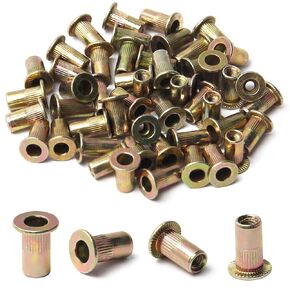 MroMax 50Pcs M5 Carbon Steel Rivet Nuts Flat Head Threaded Insert Nutsert Color Zinc Plated Finish with Knurled Body Metric for Automotive Furniture Decoration Electrical and Industrial Products