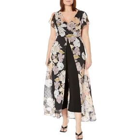 Adrianna Papell Stretch Crepe Jumpsuit with Printed Chiffon Walk Thru Jumpsuit Black Multi 8