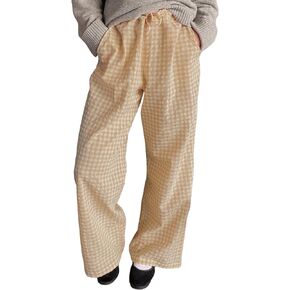Women Plaid Wide Leg Pants High Waist Drawstring Pants Casual Lounge Pants Loose Trousers Sweatpants Bottoms