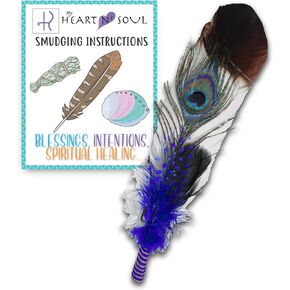 Smudge Feather, Turkey and Peacock, Unique Homecrafted Energy Cleansing Clearing Spiritual Practice House Smudging - Detailed Instructions for Beginners (Black/White)