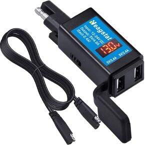 HEAG048 4.8A Motorcycle USB Charger, SAE to Dual USB Port Adaptor, Compatible for Phone Tablet etc. with Voltmeter and Hand-Operated on/Off