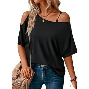 LEIYEE Womens Summer Black Cold Off Shoulder Tops 2024 Sexy Casual Cute Short Sleeve Loose Fit T Shirts Blouse